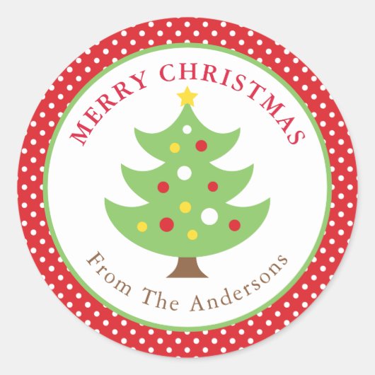 メリーパーソナライズされたクリスマスの木の丸シール ラウンドシール (正面)