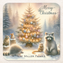 メリーパーソナライズされたクリスマスの森の動物 スクエアペーパーコースター