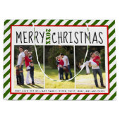 メリーパーソナライズされたクリスマスの緑のストライプ写真 ラージペーパーバッグ (正面)