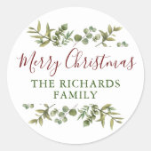 メリーパーソナライズされたクリスマスの緑の家族 ラウンドシール (正面)