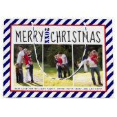 メリーパーソナライズされたクリスマスの青いストライプ写真 ラージペーパーバッグ (正面)