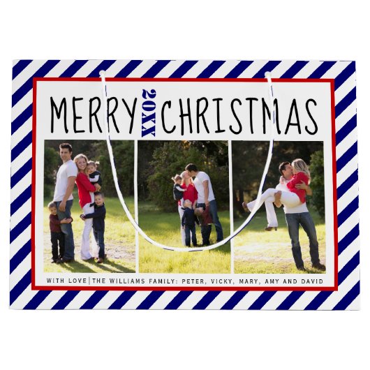 メリーパーソナライズされたクリスマスの青いストライプ写真 ラージペーパーバッグ (正面)