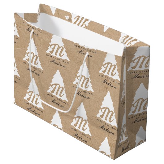 メリーパーソナライズされたクリスマスクラフトモノグラムツリー ラージペーパーバッグ (正面アングル)