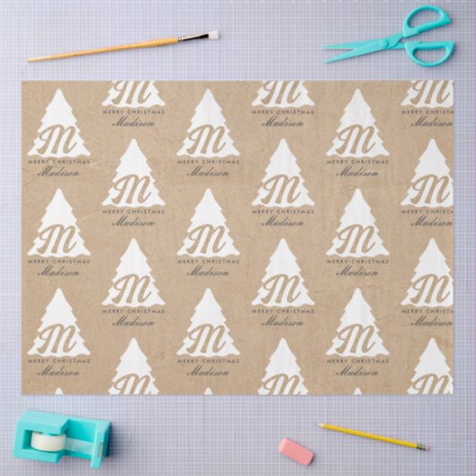 メリーパーソナライズされたクリスマスクラフトモノグラムツリー 薄葉紙 (クラフト)