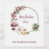 メリーパーソナライズされたクリスマスリースと年 ワインラベル (シングルラベル)