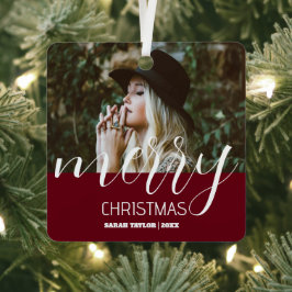 メリーパーソナライズされたクリスマス写真ブルゴーニュの名前 メタルオーナメント
