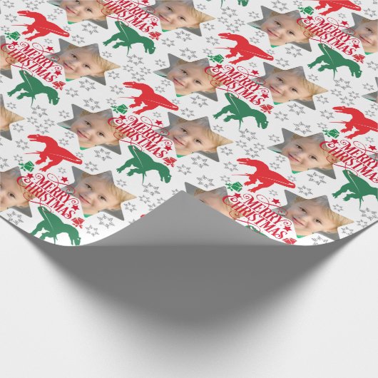 メリーパーソナライズされたクリスマス写真Tレックス ラッピングペーパー (角)