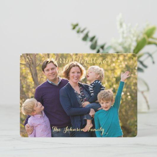 メリーパーソナライズされたクリスマス家族の写真ハッピー シーズンカード (スタンド正面)
