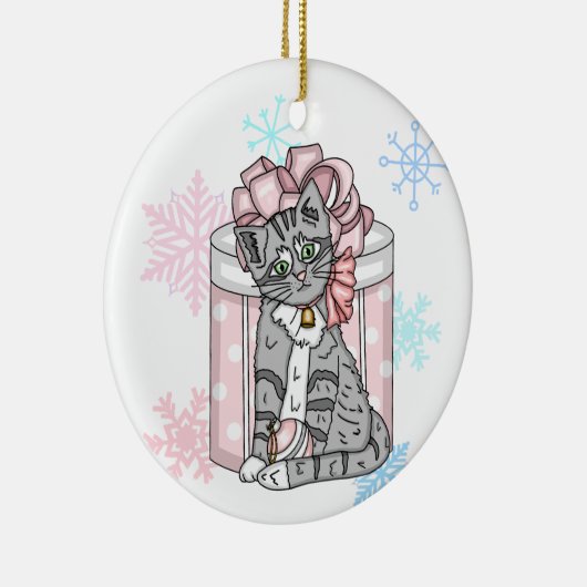 メリーパーソナライズされたクリスマス灰色の子猫ピンクボウ セラミックオーナメント (右)