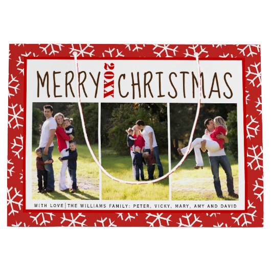 メリーパーソナライズされたクリスマス赤い雪片の写真 ラージペーパーバッグ (正面)