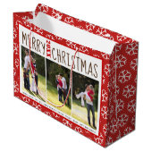 メリーパーソナライズされたクリスマス赤い雪片の写真 ラージペーパーバッグ (正面アングル)