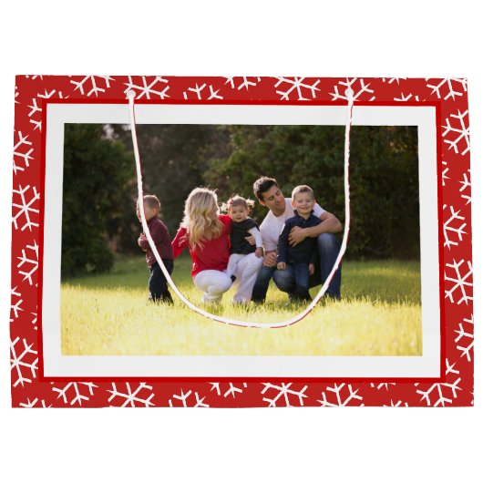 メリーパーソナライズされたクリスマス赤い雪片の写真 ラージペーパーバッグ (裏面)