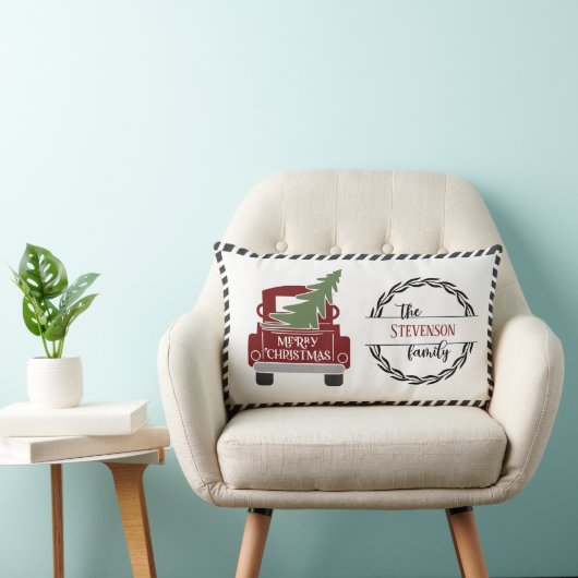 メリーパーソナライズされたクリスマス赤トラック休日 ランバークッション (椅子)