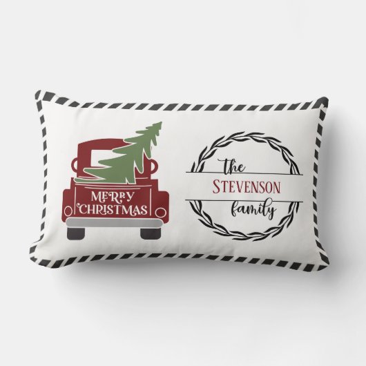 メリーパーソナライズされたクリスマス赤トラック休日 ランバークッション (正面)
