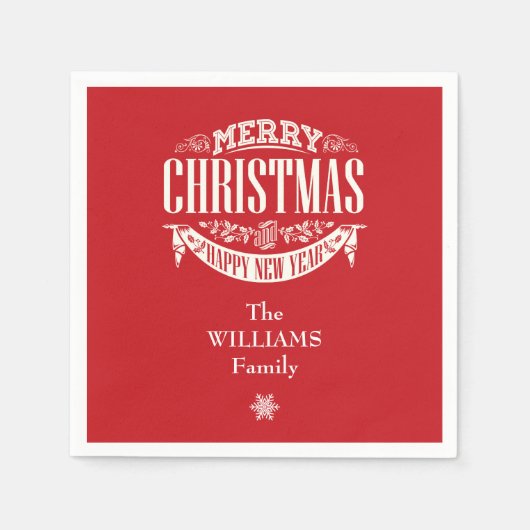 メリーパーソナライズされたクリスマス赤ファミリー名 スタンダードカクテルナプキン (正面)