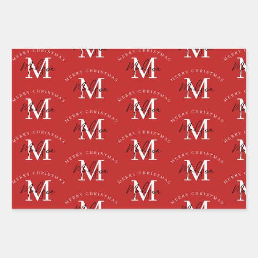 メリーパーソナライズされたクリスマス赤モノグラム ラッピングペーパーシート (正面3)