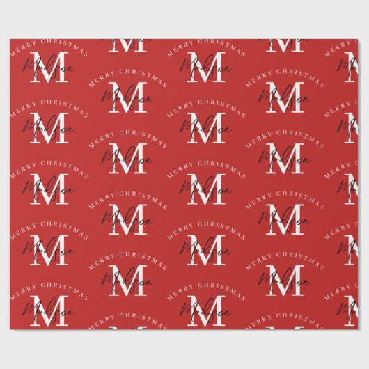 メリーパーソナライズされたクリスマス赤モノグラム ラッピングペーパー (フラット)