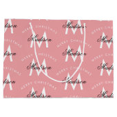 メリーパーソナライズされたクリスマス赤面ピンクモノグラム ラージペーパーバッグ (裏面)