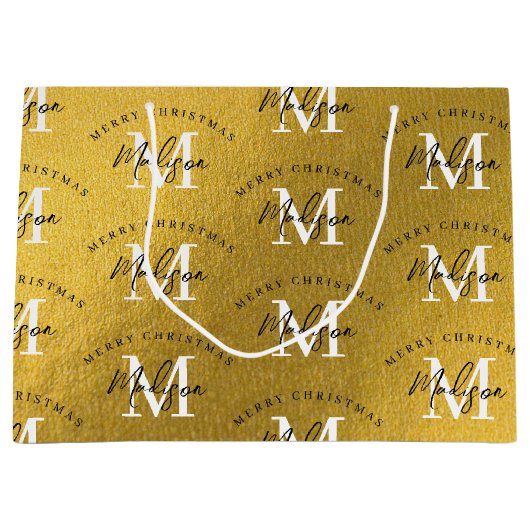 メリーパーソナライズされたクリスマス金箔モノグラム ラージペーパーバッグ (正面)