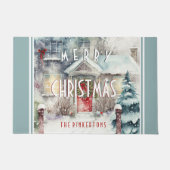 メリーパーソナライズされたクリスマス雪のコテージ ドアマット (正面)