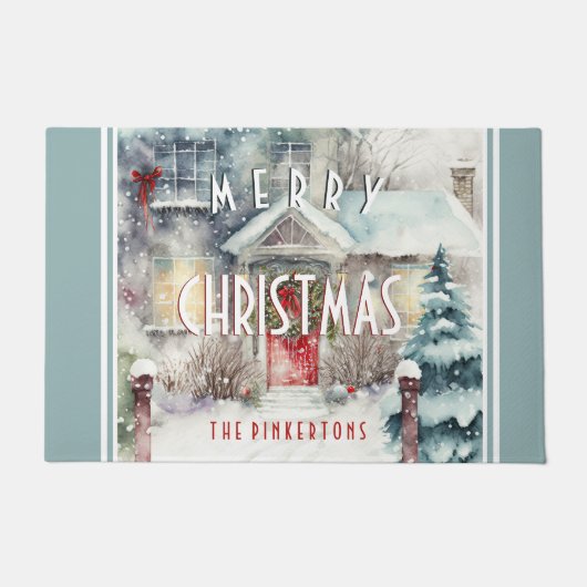 メリーパーソナライズされたクリスマス雪のコテージ ドアマット (正面)
