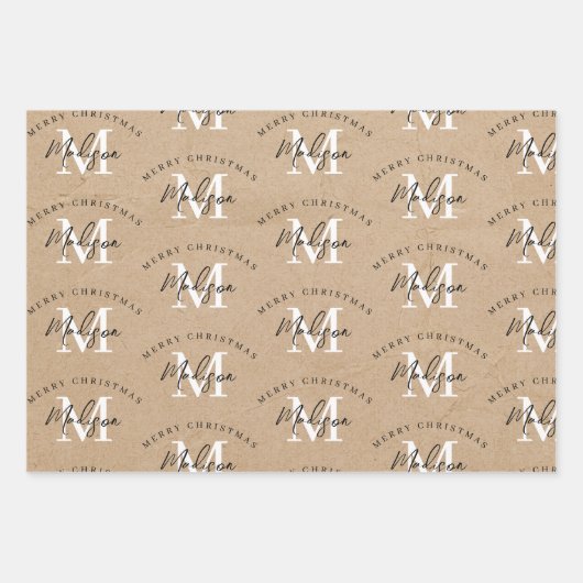 メリーパーソナライズされたクリスマス・クラフト・モノグラム ラッピングペーパーシート (正面3)