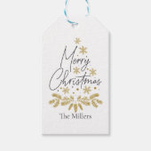 メリーパーソナライズされたクリスマス、金ゴールドのスノーフレーク・ツリー ギフトタグ (正面)