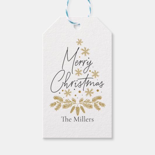 メリーパーソナライズされたクリスマス、金ゴールドのスノーフレーク・ツリー ギフトタグ (正面)