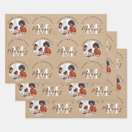 メリーパーソナライズされたクリスマスKraftモノグラム写真 ラッピングペーパーシート (セット)
