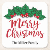 メリーパーソナライズされたスクリス葉トのとベリー スクエアペーパーコースター (正面)