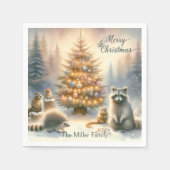 メリーパーソナライズされた・クリスマス・ウッドランドの水彩画。 スタンダードカクテルナプキン (正面)