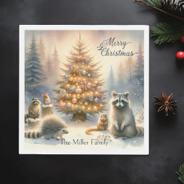 メリーパーソナライズされた・クリスマス・ウッドランドの水彩画。 スタンダードカクテルナプキン