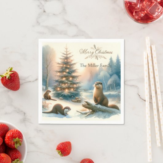 メリーパーソナライズされた・クリスマス・オッター家族の冬 スタンダードカクテルナプキン (インサイチュ)