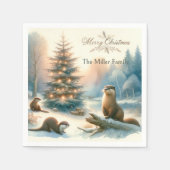 メリーパーソナライズされた・クリスマス・オッター家族の冬 スタンダードカクテルナプキン (正面)