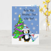 メリーパーソナライズされた・クリスマス・ペンギン カード (黄色い花)