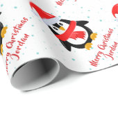 メリーパーソナライズされた・クリスマス・ペンギン・サンタハット ラッピングペーパー (ロールコーナー)