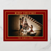 メリーパーソナライズされた・クリスマス・レッド・グリーティング |写真 箔シーズンカード (正面)