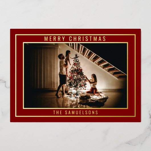 メリーパーソナライズされた・クリスマス・レッド・グリーティング |写真 箔シーズンカード (正面)