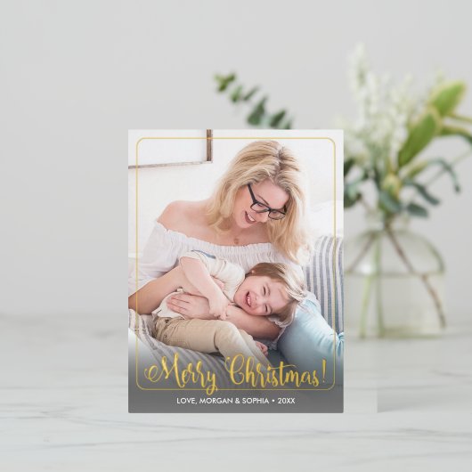 メリーファンシークリスマス，写真，名前メッセージ縁ど,  箔シーズンポストカード (立ち正面)