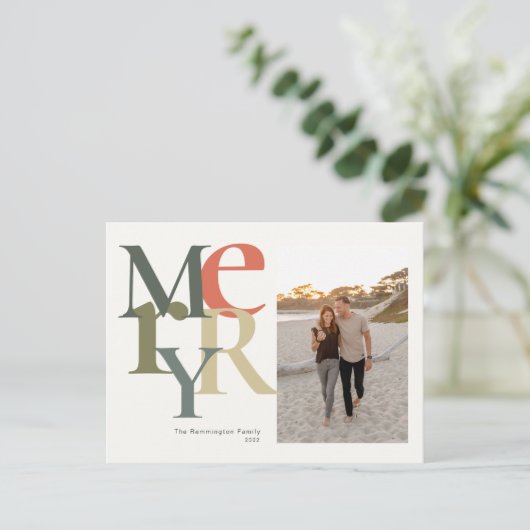 メリーフォトクリスマスティール（緑がかった色）オレンジ シーズンポストカード (スタンド正面)