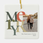 メリーフォトクリスマスティール（緑がかった色）オレンジ セラミックオーナメント (正面)