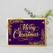メリーフォーマルクリスマスパープルと6枚の写真金ゴールド 箔シーズンカード (立ち正面)