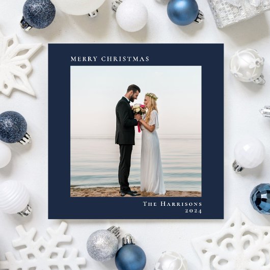 メリーミニマルモダンクリスマスのフォトブルー シーズンカード