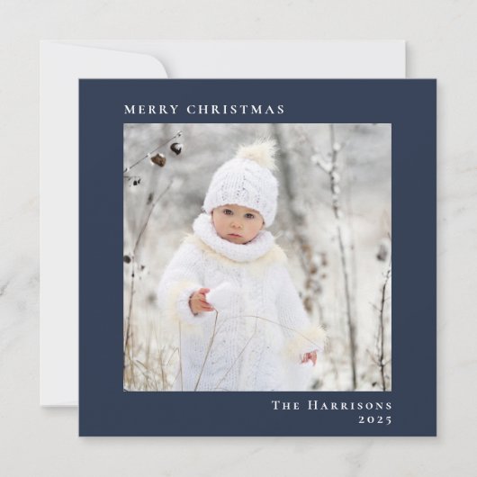 メリーミニマルモダンクリスマスのフォトブルー シーズンカード (正面)
