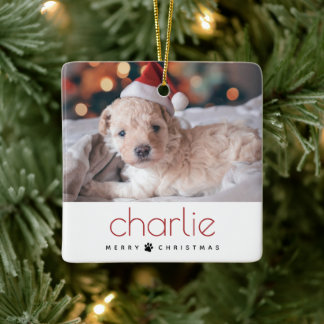 メリーミニマルモダンクリスマスのペット犬の写真 セラミックオーナメント