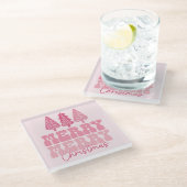 メリーメリークリスマス – ピンクホリデーデザイン ガラスコースター (アングル)