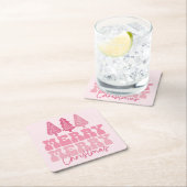 メリーメリークリスマス – ピンクホリデーデザイン スクエアペーパーコースター (インサイチュ)