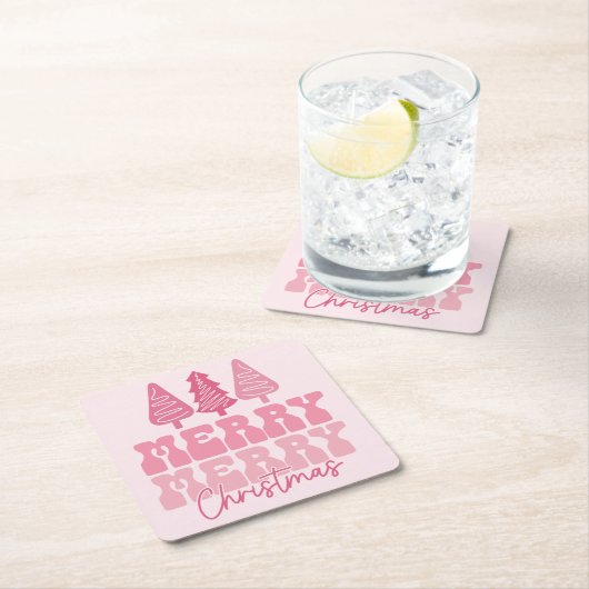 メリーメリークリスマス – ピンクホリデーデザイン スクエアペーパーコースター (インサイチュ)
