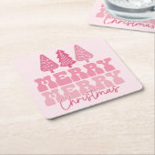 メリーメリークリスマス – ピンクホリデーデザイン スクエアペーパーコースター (アングル)