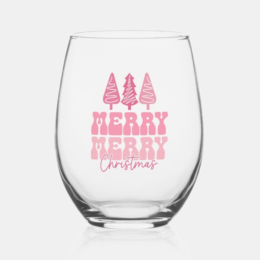 メリーメリークリスマス – ピンクホリデーデザイン ステムなしワイングラス (正面)